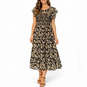 Böhme Womens Smocked Midi Dress Size S Animal Print Ruffle Sleeve Boho